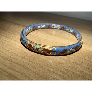 Cloisonné Enamel Floral Bangle Bracelet Blue Gold Flowers Vintage‎ 8.5"